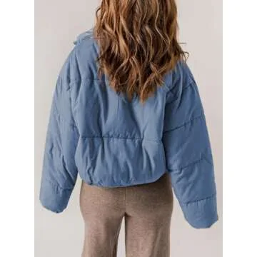Dokotoo Winter Coats for Women Fashion Full Zipper Front Puffer Jacket Oversized Baggy Drop Shoulder Long Sleeve High Neck Quilted Padded Jackets Warm Windbreaker Outwear with Pockets Blue M