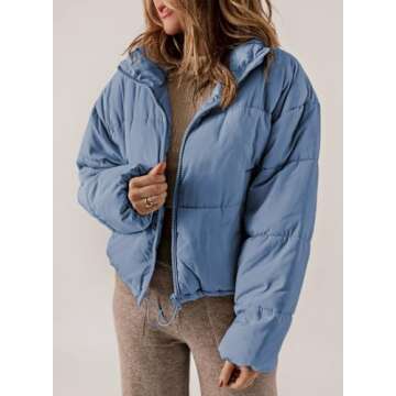 Dokotoo Winter Coats for Women Fashion Full Zipper Front Puffer Jacket Oversized Baggy Drop Shoulder Long Sleeve High Neck Quilted Padded Jackets Warm Windbreaker Outwear with Pockets Blue M