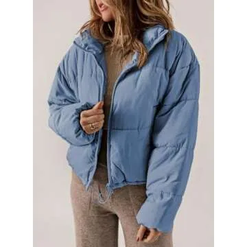 Dokotoo Winter Coats for Women Fashion Full Zipper Front Puffer Jacket Oversized Baggy Drop Shoulder Long Sleeve High Neck Quilted Padded Jackets Warm Windbreaker Outwear with Pockets Blue M