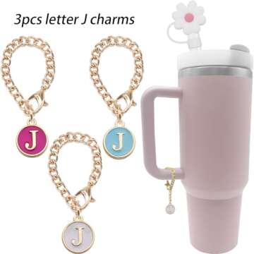 Tovly 6PCS Straw Cover Cap Stanley Cup Accessories Initial Personalized Letter Charms Reusable 10mm Flower Silicone Straw Tips Lids Protectors Stanley 30&40 Oz Tumblers (3PCS Letter J+3PCS Flower)