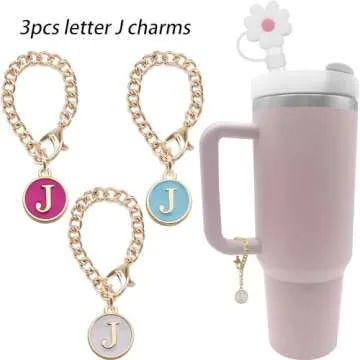 Tovly 6PCS Straw Cover Cap Stanley Cup Accessories Initial Personalized Letter Charms Reusable 10mm Flower Silicone Straw Tips Lids Protectors Stanley 30&40 Oz Tumblers (3PCS Letter J+3PCS Flower)