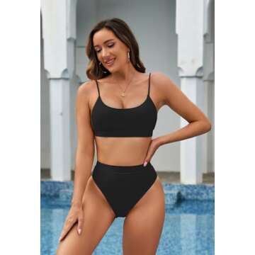 Pink Queen Women's High Cut High Waisted Cheeky Two Piece Swimwear M Black
