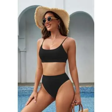 Pink Queen Women's High Cut High Waisted Cheeky Two Piece Swimwear M Black