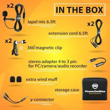 PowerDeWise Professional Grade 2 Lavalier Clip-On Microphones Set for Dual Interview - Double Lav Lapel Microphone - Use for iPhone Phone Camera - Video Recording Noise Cancelling 3.5mm Mic
