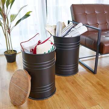 Glitzhome Rustic End Table Set of 2, Farmhouse Galvanized Metal Barrel Ottoman Storage Stool with Round Wood Lid for Living Room Furniture, Black