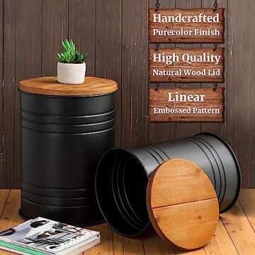 Glitzhome Rustic End Table Set of 2, Farmhouse Galvanized Metal Barrel Ottoman Storage Stool with Round Wood Lid for Living Room Furniture, Black