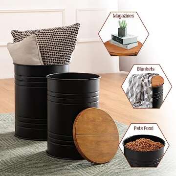 Glitzhome Rustic End Table Set of 2, Farmhouse Galvanized Metal Barrel Ottoman Storage Stool with Round Wood Lid for Living Room Furniture, Black