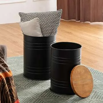 Glitzhome Rustic End Table Set of 2, Farmhouse Galvanized Metal Barrel Ottoman Storage Stool with Round Wood Lid for Living Room Furniture, Black