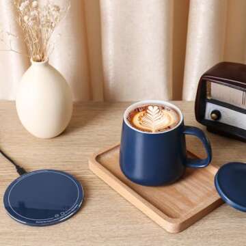 APEKX 2024 Upgraded Self-Heating Ceramic Mug - Stable 130°F Temperature, 15W Wireless Phone Charging, 12.8 fl oz Capacity - USB-C Enabled. (Deep Navy)