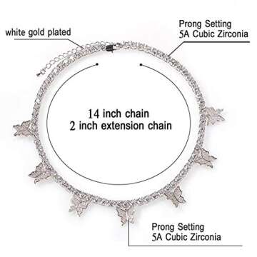 Jacruces Butterfly Necklace Tennis Chain Butterfly Choker Bling Iced CZ Butterfly Necklace Silver Wo...