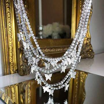 Jacruces Butterfly Necklace Tennis Chain Butterfly Choker Bling Iced CZ Butterfly Necklace Silver Women (16, 3mm-Silver)