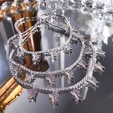 Jacruces Butterfly Necklace Tennis Chain Butterfly Choker Bling Iced CZ Butterfly Necklace Silver Women (16, 3mm-Silver)