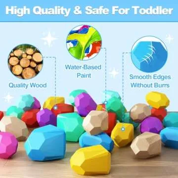 IGIVI Montessori Toys Rainbow Wooden Stacking Toys for Toddlers 1-3, 42 Natural Wood Blocks, Early Learning Sensory Toys for Toddlers, Birthday Gifts Toys for 2-4 Year Old Boys & Girls