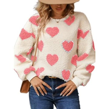 Womens Oversized Cute Heart Pearls Rhinestones Embellished Sherpa Fleece Winter Warm Sweater Fuzzy L...