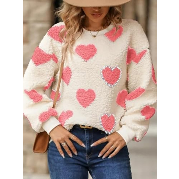 Womens Oversized Cute Heart Pearls Rhinestones Embellished Sherpa Fleece Winter Warm Sweater Fuzzy Loose Crewneck Pullover Sweatshirt Tops
