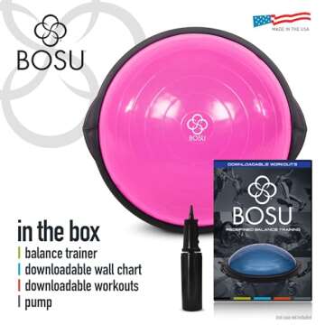 Bosu 20 Inch Dynamic Non-Slip Travel Size Home Gym Balance Ball Pod Trainer for Strength and Flexibility with 6 Rubber Feet and Hand Pump, Pink
