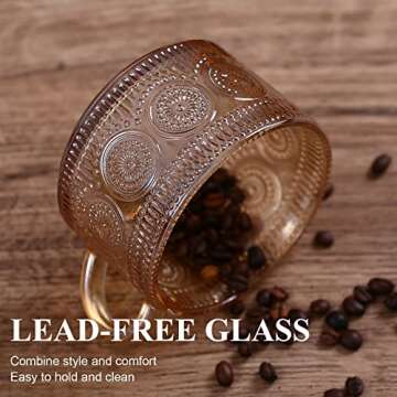 JVJRFQ Amber Vintage Glass Coffee Mugs gifts for women, 14 Oz Set of 4 Embossed Glassware Tea Cups for Breakfast, Cappuccino, Latte, Yogurt, Christmas Mothers Day Gifts Coffee Bar Accessories