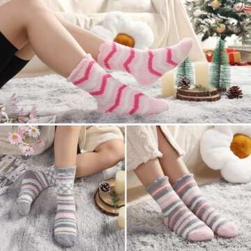 Free Yoka Fuzzy Socks for Women Soft Fluffy Winter Cozy Slipper Socks Cute Plush Warm Home Sleep Socks for Christmas Valentine's Day Pink Heart 6 Pairs