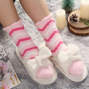 Free Yoka Fuzzy Socks for Women Soft Fluffy Winter Cozy Slipper Socks Cute Plush Warm Home Sleep Socks for Christmas Valentine's Day Pink Heart 6 Pairs