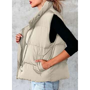 Dokotoo Womens Apricot Puffer Vest Lightweight Warm Padded Gilet Casual Zip Quilted Vest Sleeveless Outerwear Jacket Winter Coats for Women Quilted Vest with Pockets Large