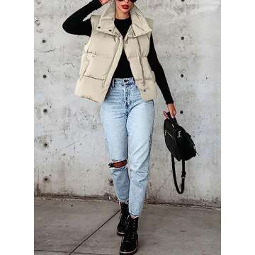 Dokotoo Womens Apricot Puffer Vest Lightweight Warm Padded Gilet Casual Zip Quilted Vest Sleeveless Outerwear Jacket Winter Coats for Women Quilted Vest with Pockets Large