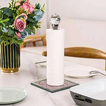 Hochance Pink Crystal Standing Paper Towel Roll Holder Countertop Weighted Rack,Glam Cute Bling Rhinestone Jeweled Diamonds Modern Decoration Christmas Housewarming Gifts for Kitchen Home Bar
