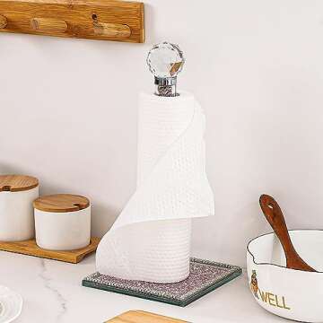 Hochance Pink Crystal Standing Paper Towel Roll Holder Countertop Weighted Rack,Glam Cute Bling Rhinestone Jeweled Diamonds Modern Decoration Christmas Housewarming Gifts for Kitchen Home Bar