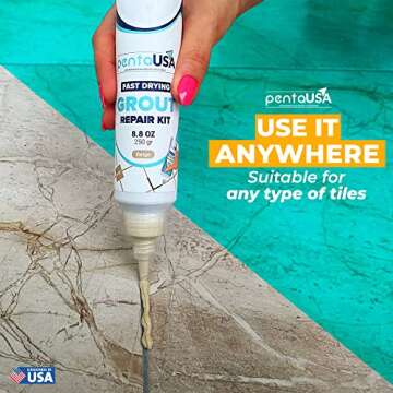 PentaUSA Tile Grout Repair Kit - Beige Grout Filler, Triple Protection, Fast Drying Formula Restores and Renews Grout Lines with Grout Float (Beige, 8.8oz / 250gr)