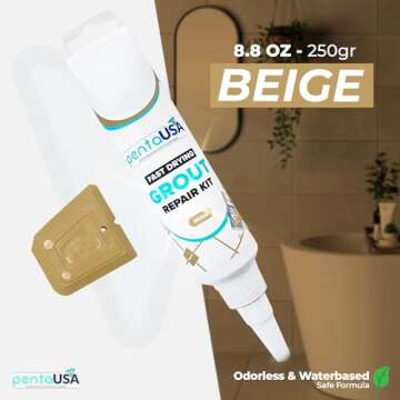 PentaUSA Tile Grout Repair Kit - Beige Grout Filler, Triple Protection, Fast Drying Formula Restores and Renews Grout Lines with Grout Float (Beige, 8.8oz / 250gr)