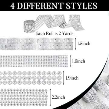 4 Rolls 8 Yards Bling Crystal Rhinestone Ribbon Silver Bling Rhinestone Diamond Flower Shape Mesh Ri...