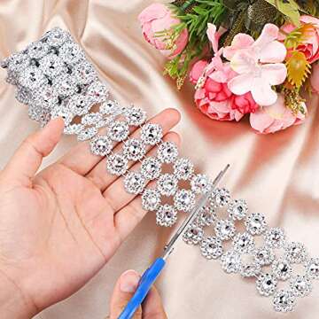 4 Rolls 8 Yards Bling Crystal Rhinestone Ribbon Silver Bling Rhinestone Diamond Flower Shape Mesh Ribbon Lace Decor for Crafts DIY Wedding Birthday Party Decorations Phone Car Supplies