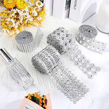 4 Rolls 8 Yards Bling Crystal Rhinestone Ribbon Silver Bling Rhinestone Diamond Flower Shape Mesh Ribbon Lace Decor for Crafts DIY Wedding Birthday Party Decorations Phone Car Supplies