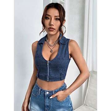 WDIRARA Women's Stylish Zipper Denim Tank Top