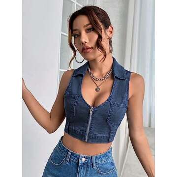 WDIRARA Women's Stylish Zipper Denim Tank Top