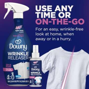 Downy Wrinkle Release Spray Travel Size, All In One Formula, Removes Wrinkles, Static and Odor Eliminator, Light Fresh Scent, 3 Fl Oz, Pack of 12