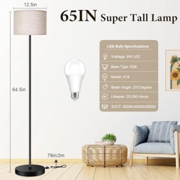TOBUSA Modern Tall Floor Lamp with Dimmable LED Bulb