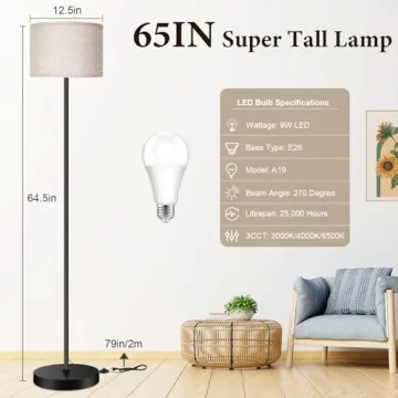 TOBUSA Modern Tall Floor Lamp with Dimmable LED Bulb