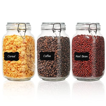 ComSaf Airtight Glass Canister Set of 3 with Lids 50oz Clear Food Storage Jars Square, Kitchen & Pan...