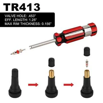 Hromee Tire Valve Stem Tool Puller and Installer Kit, 4PCS TR413 Tubeless Snap-in Valve Stem with Valve Stem Cores, Single Head Valve Core Remover and Slotted-Head Valve Cap