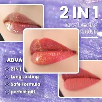 CHARMACY Multichrome Double Head Non-Stick Lip Gloss, Metallic Colourful Lip Glaze, Anti-transfer, Long Lasting Waterproof Liquid Lipstick Makeup (#07)