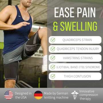 BLITZU Hamstring Compression Sleeve, Thigh Compression Sleeve for Women and Men, Upper Leg Brace for Groin, Sciatica & Quad Tendonitis, Wrap Support for Recovery, Running, Sports and Workout White L