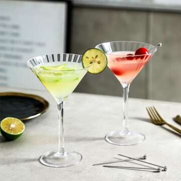 EVEREST GLOBAL Ribbed Optic Martini Glasses Set of 4, Hand Blown Cocktail Glasses with Stem, 7.5 oz ...