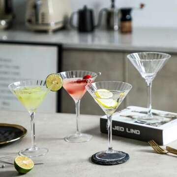 EVEREST GLOBAL Ribbed Optic Martini Glasses Set of 4, Hand Blown Cocktail Glasses with Stem, 7.5 oz Vintage Martini Glass for Bar, Martini, Cosmopolitan, Manhattan, Gimlet, Pisco Sour