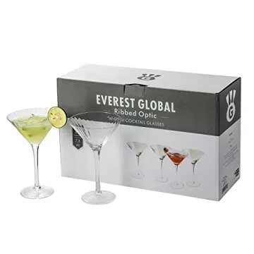 EVEREST GLOBAL Ribbed Optic Martini Glasses Set of 4, Hand Blown Cocktail Glasses with Stem, 7.5 oz Vintage Martini Glass for Bar, Martini, Cosmopolitan, Manhattan, Gimlet, Pisco Sour