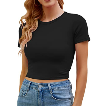 Artfish Women's Basic Teen Tee Workout Crewneck Short Sleeve Slim Fitted Casual Crop Top (Black, XS)