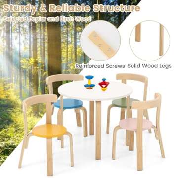 HONEY JOY Kids Table and Chair Set, Bentwood Toddler Round Table and 4 Chairs for Craft Art, Building Block, 5-Piece Children Furniture Set for Daycare, Kindergarten, Playroom (Colorful)