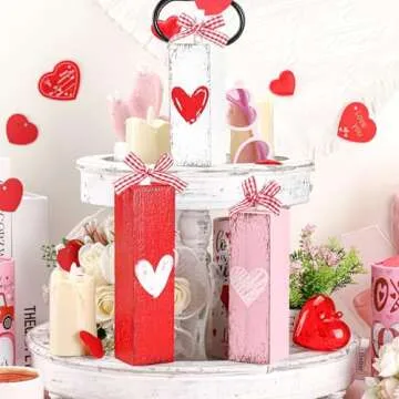 Geetery Valentine's Day Decorations for Home Valentines Table Block Sign Valentine Tiered Tray Decor Rustic Farmhouse Tabletop Centerpieces for Wedding Anniversary Party Shelf(Heart Style)