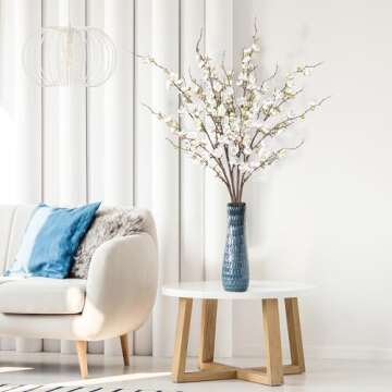 Sggvecsy Artificial Plum Blossom Flowers 4 Pcs Faux Cherry Blossom Stems Faux Silk Plum Blossom Branches 36.2’’ Fake Flowers Long Stems for Vase Arrangements Home Wedding Table Decor (White)