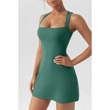 QINSEN Woman's Sexy Tank Top Dress Curvy Square Neck Mini Length Casual Dress Fir Green S