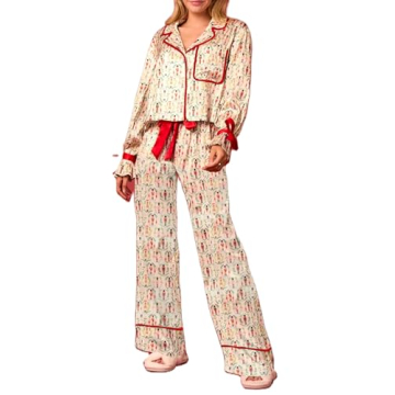Argeousgor Christmas Pajamas for Women Bow Tie Long Sleeve Shirt Pants Satin Silk Funny Graphic 2 Pi...